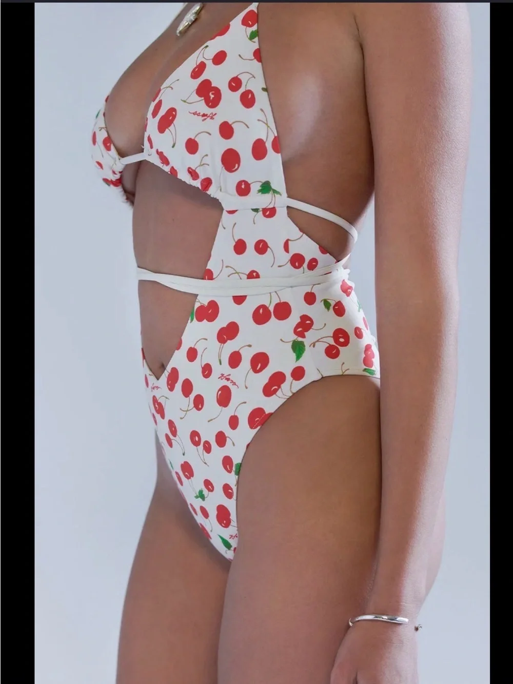 NWOT Frankie's Bikinis White Cherry Cutout One-Piece Swimsuit Sz medium